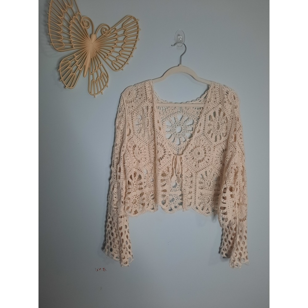 Boho Cream Crochet Shrug Cardigan Floral Open Knit Cropped Tie Front Top Womens - Picture 2 of 5